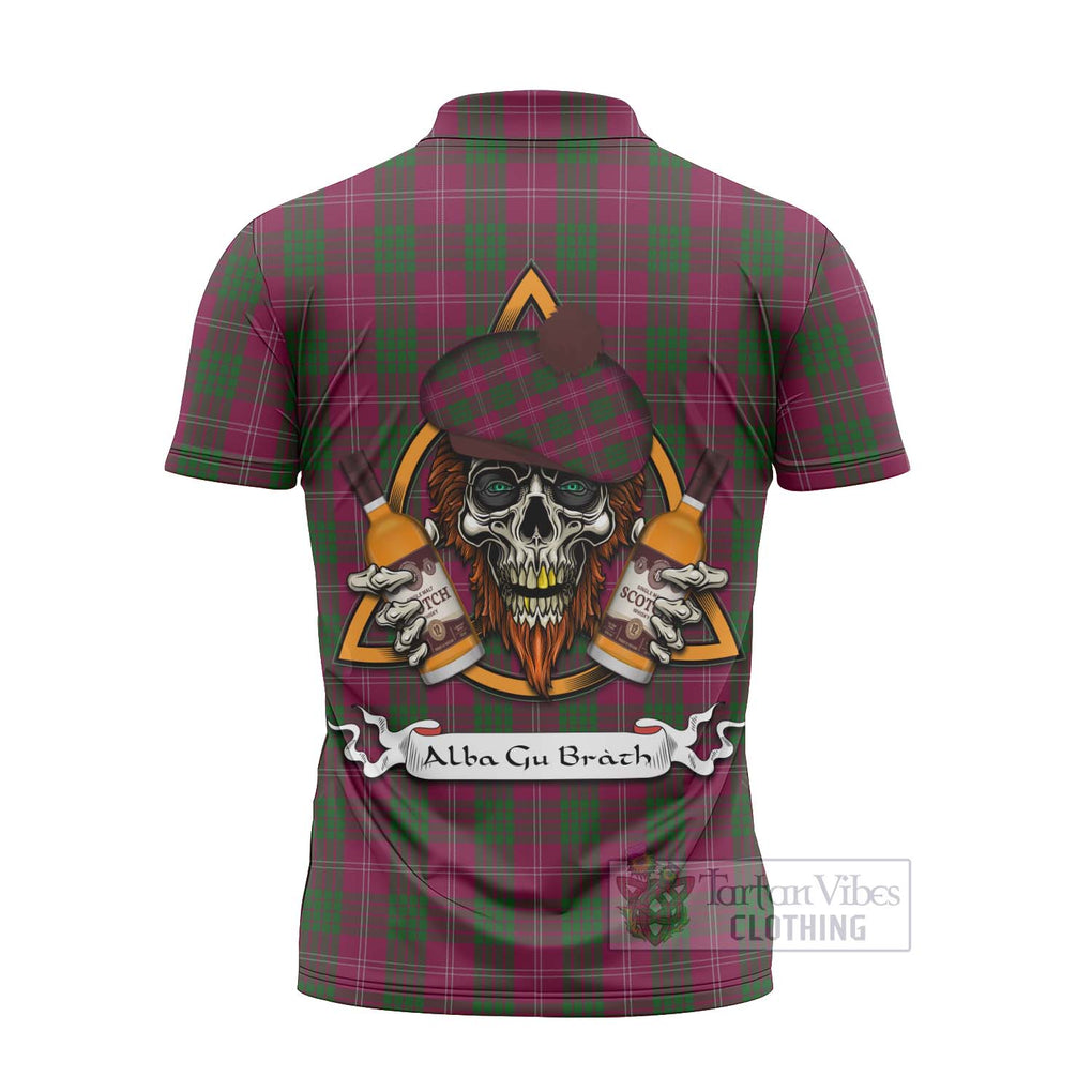 Tartan Vibes Clothing Crawford Tartan Zipper Polo Shirt with Family Crest and Bearded Skull Holding Bottles of Whiskey