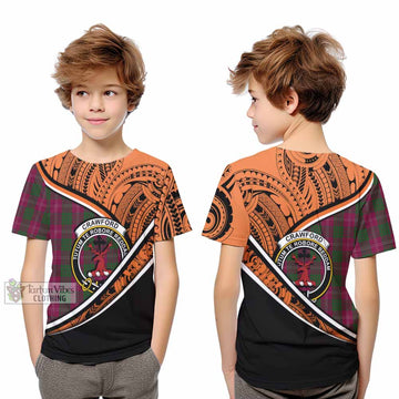 Crawford Crest Tartan Kid T-Shirt with Polynesian Vibes Style - Orange Version