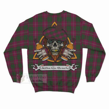 Crawford Tartan Sweatshirt with Family Crest and Bearded Skull Holding Bottles of Whiskey