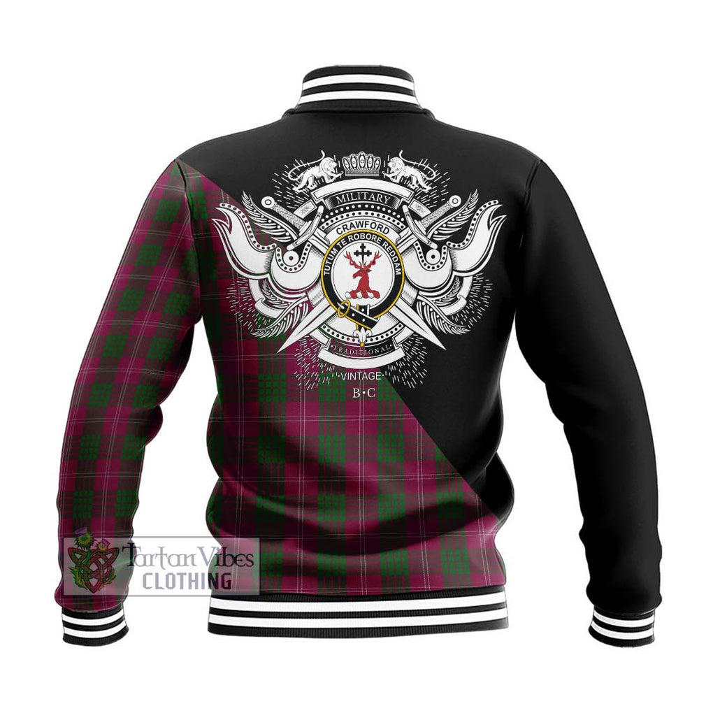 Crawford Tartan Baseball Jacket with Family Crest and Military Logo Style - Tartanvibesclothing Shop