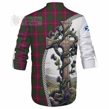 Crawford Tartan Ghillie Kilt Shirt with Family Crest and St. Andrew's Cross Accented by Thistle Vines