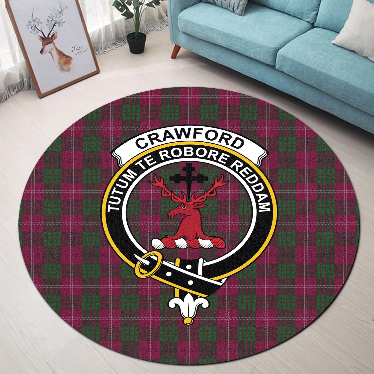 Crawford Tartan Round Rug with Family Crest - Tartanvibesclothing