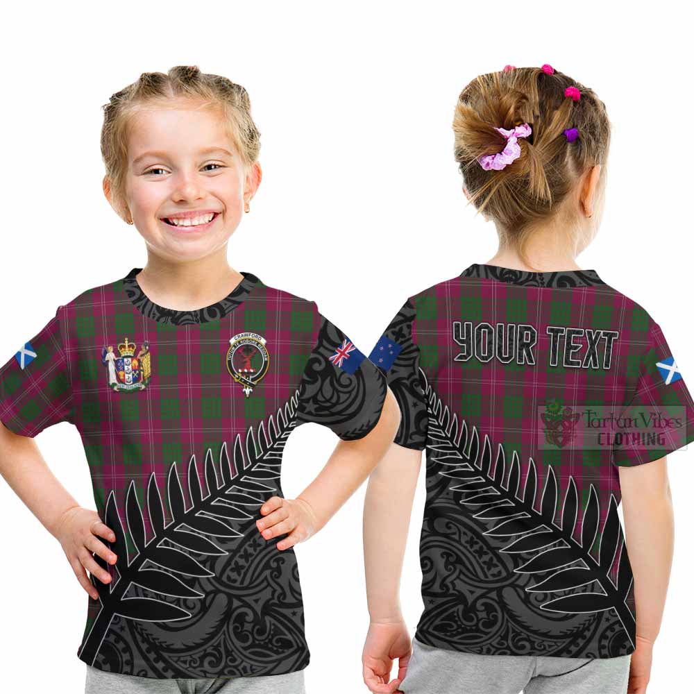 Tartan Vibes Clothing Crawford Crest Tartan Kid T-Shirt with New Zealand Silver Fern Half Style