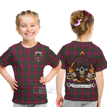 Crawford Tartan Kid T-Shirt with Family Crest and Bearded Skull Holding Bottles of Whiskey