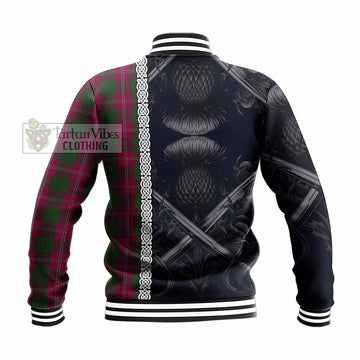 Crawford Tartan Baseball Jacket with Family Crest Cross Sword Thistle Celtic Vibes