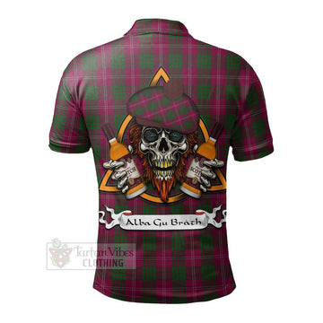 Crawford Tartan Polo Shirt with Family Crest and Bearded Skull Holding Bottles of Whiskey