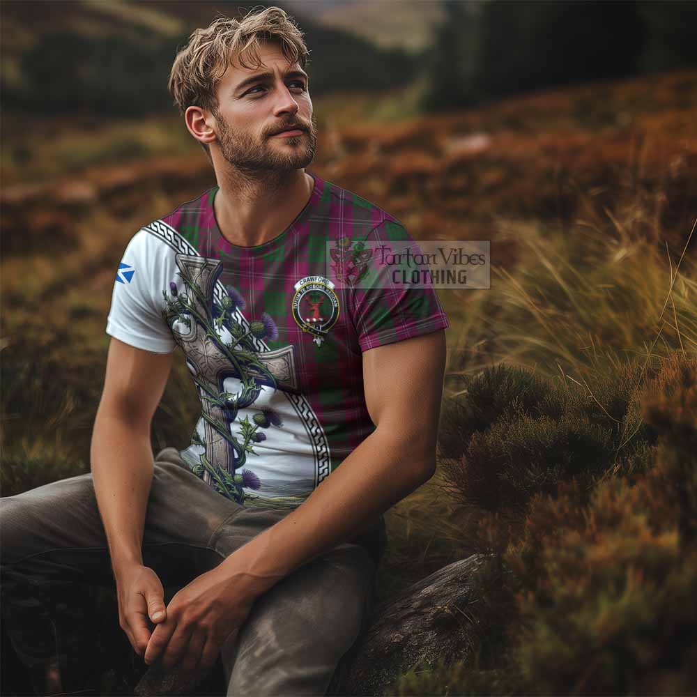 Tartan Vibes Clothing Crawford Agnew Tartan T-Shirt with Family Crest and St. Andrew's Cross Accented by Thistle Vines