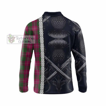 Crawford Tartan Long Sleeve Polo Shirt with Family Crest Cross Sword Thistle Celtic Vibes