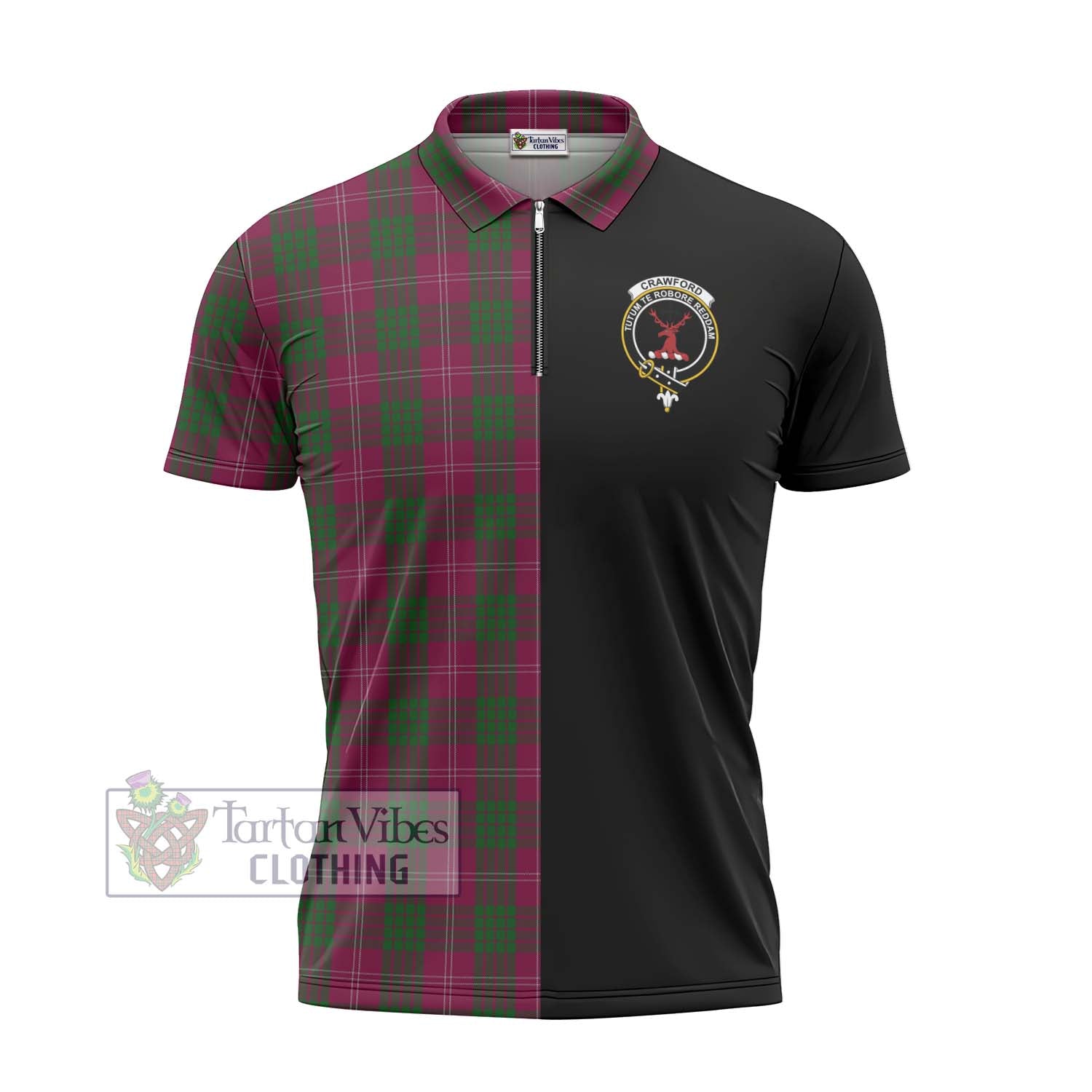 Tartan Vibes Clothing Crawford Tartan Zipper Polo Shirt with Family Crest and Half Of Me Style