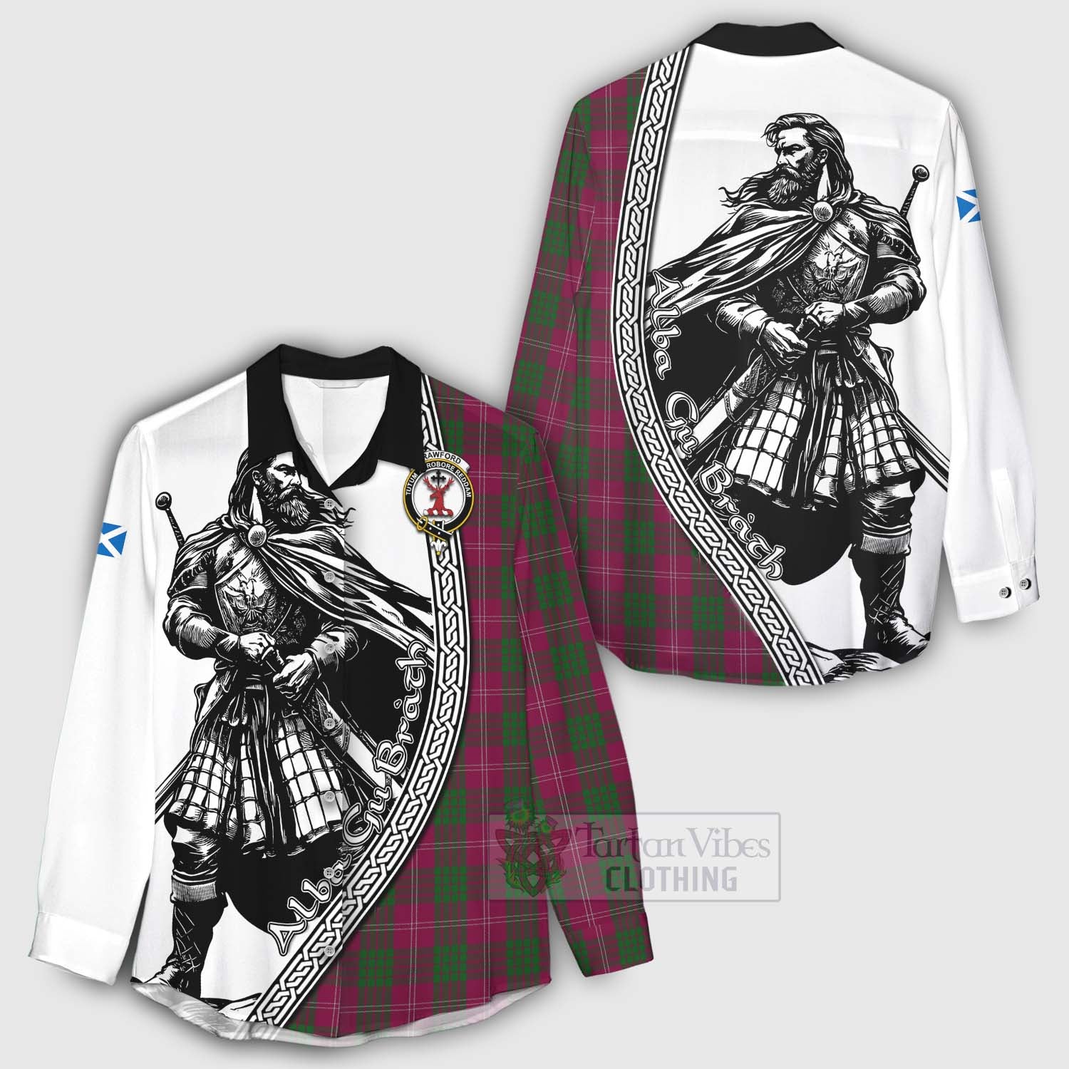 Tartan Vibes Clothing Crawford Tartan Clan Crest Women's Casual Shirt with Highlander Warrior Celtic Style