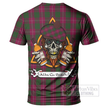 Crawford Tartan T-Shirt with Family Crest and Bearded Skull Holding Bottles of Whiskey