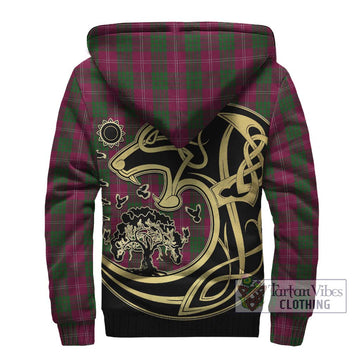 Crawford Tartan Sherpa Hoodie with Family Crest Celtic Wolf Style