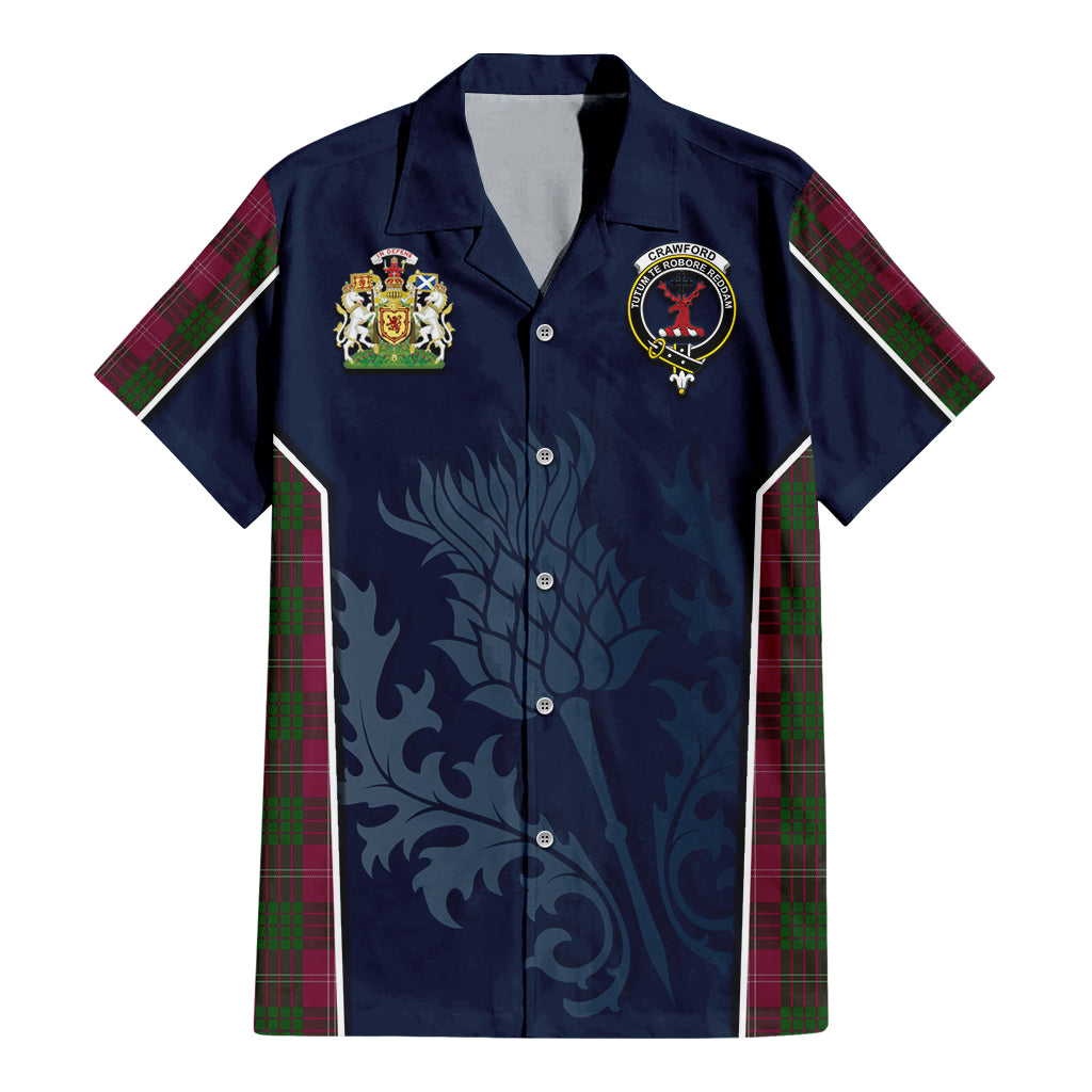 Tartan Vibes Clothing Crawford Tartan Short Sleeve Button Up Shirt with Family Crest and Scottish Thistle Vibes Sport Style