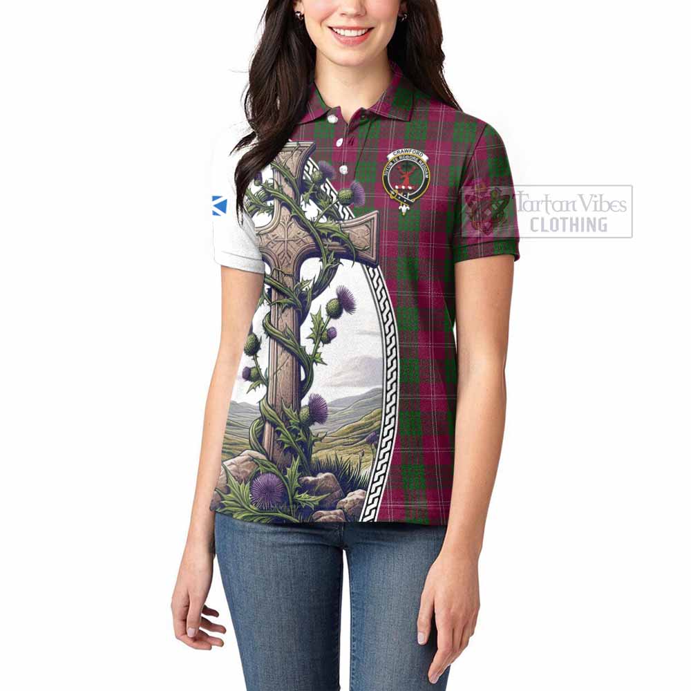 Tartan Vibes Clothing Crawford Tartan Women's Polo Shirt with Family Crest and St. Andrew's Cross Accented by Thistle Vines