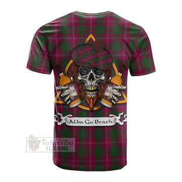 Crawford Tartan Cotton T-shirt with Family Crest and Bearded Skull Holding Bottles of Whiskey