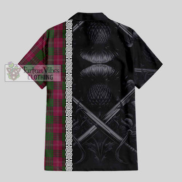 Crawford Tartan Short Sleeve Button Shirt with Family Crest Cross Sword Thistle Celtic Vibes