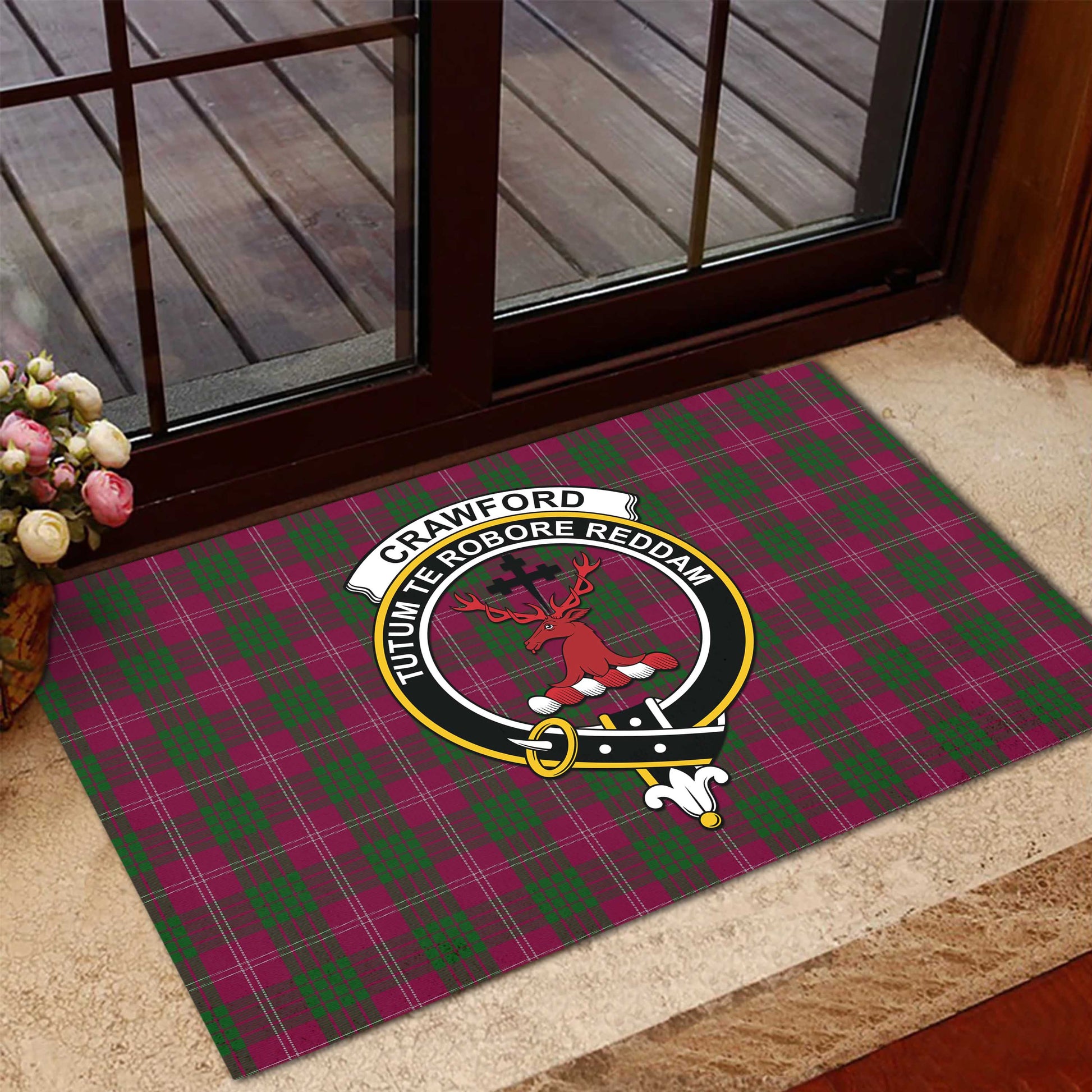 Crawford Tartan Door Mat with Family Crest - Tartanvibesclothing