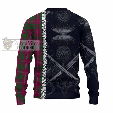 Crawford Tartan Knitted Sweater with Family Crest Cross Sword Thistle Celtic Vibes