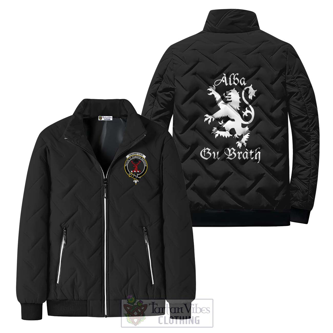 Tartan Vibes Clothing Crawford Family Crest Padded Cotton Jacket Lion Rampant Alba Gu Brath Style
