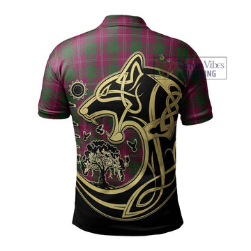 Crawford Tartan Polo Shirt with Family Crest Celtic Wolf Style