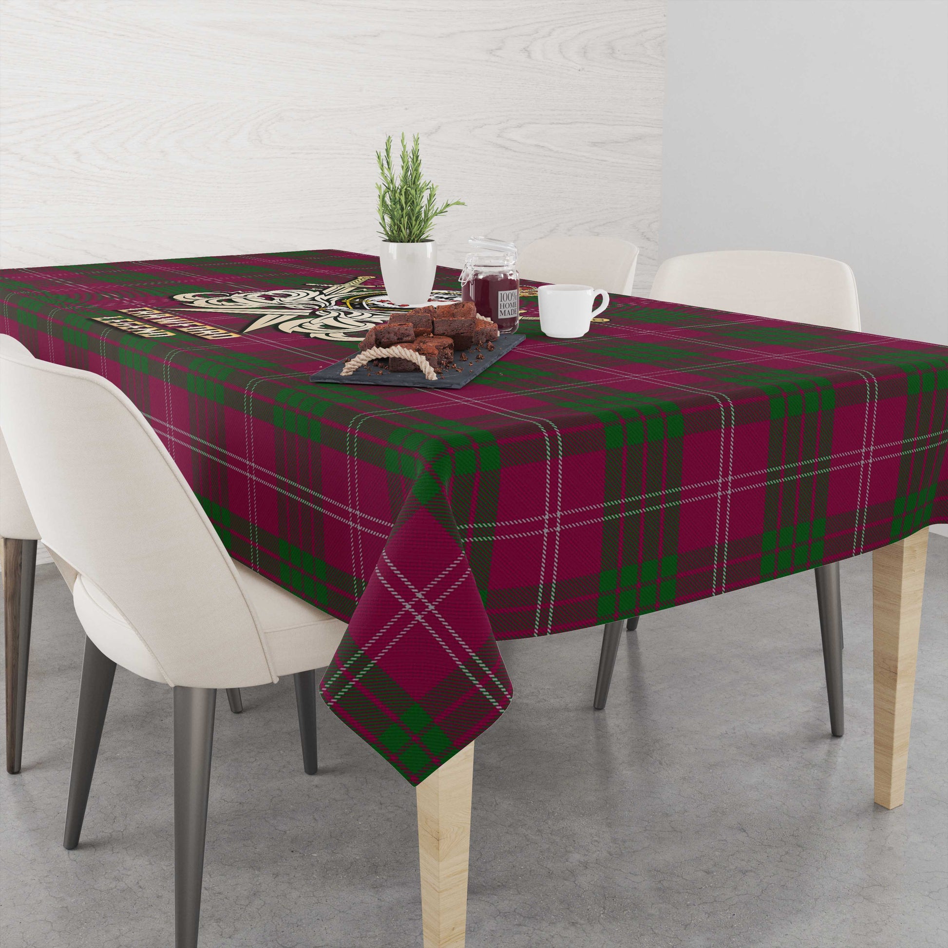 Tartan Vibes Clothing Crawford Tartan Tablecloth with Clan Crest and the Golden Sword of Courageous Legacy