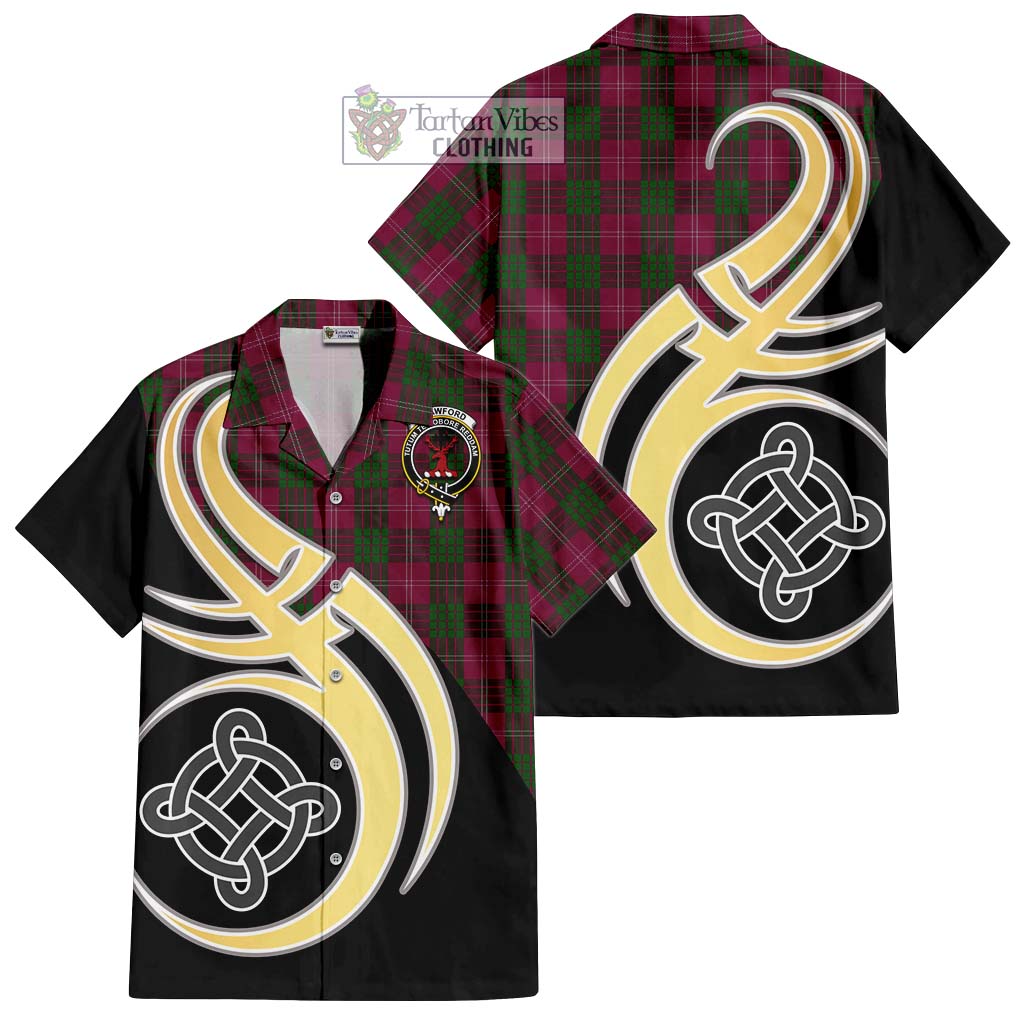 Tartan Vibes Clothing Crawford Tartan Short Sleeve Button Shirt with Family Crest and Celtic Symbol Style