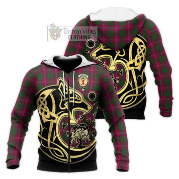 Crawford Tartan Knitted Hoodie with Family Crest Celtic Wolf Style