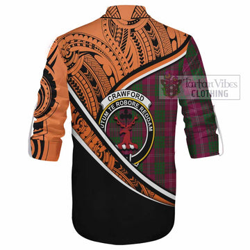 Crawford Crest Tartan Ghillie Kilt Shirt with Polynesian Vibes Style - Orange Version