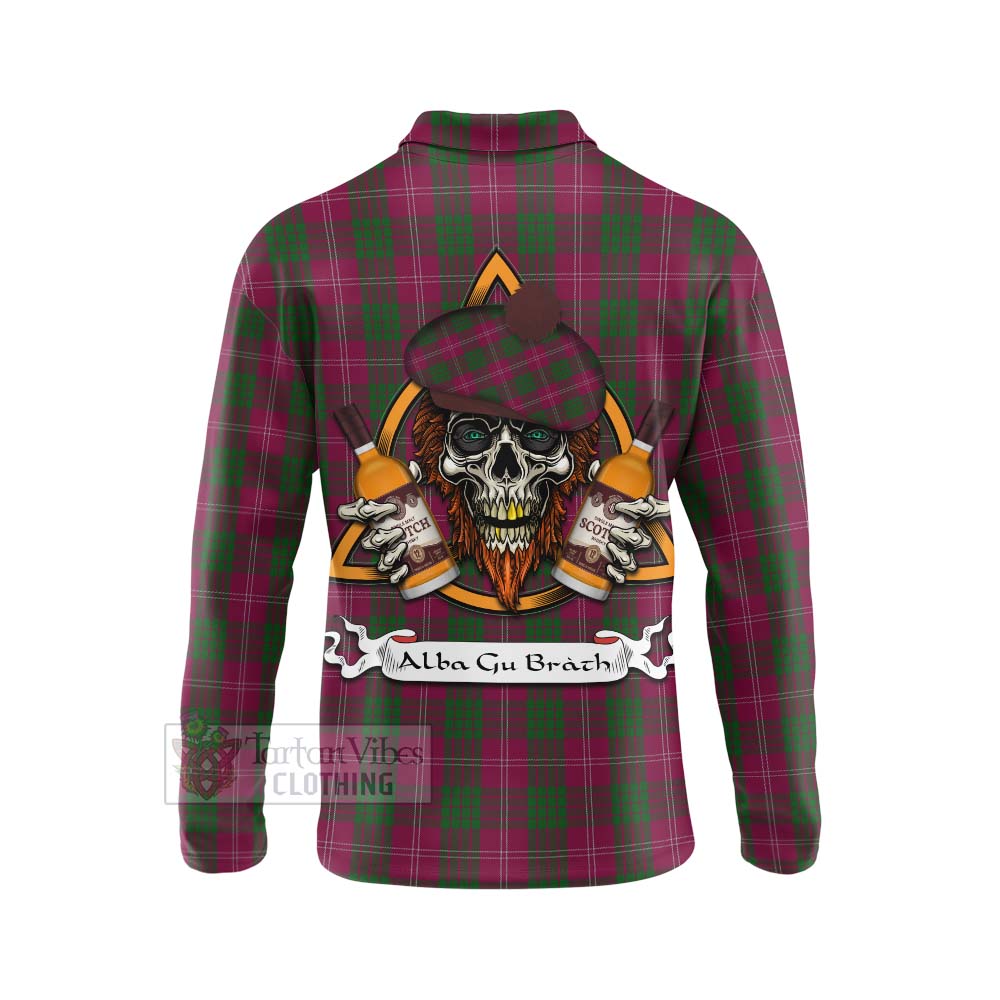 Tartan Vibes Clothing Crawford Tartan Long Sleeve Polo Shirt with Family Crest and Bearded Skull Holding Bottles of Whiskey