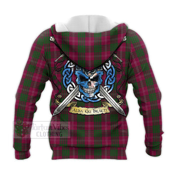 Crawford Tartan Knitted Hoodie with Family Crest Celtic Skull Style