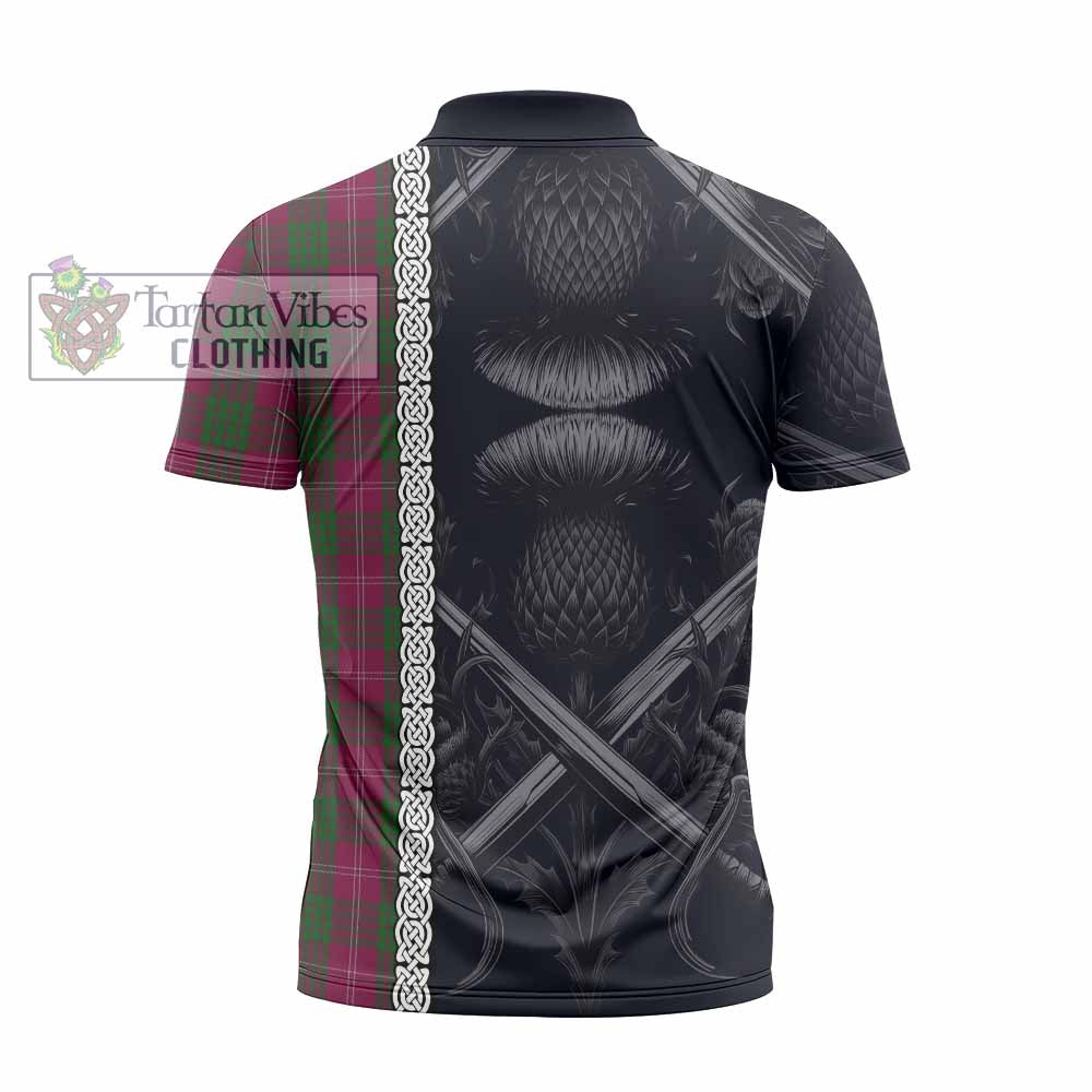 Tartan Vibes Clothing Crawford Tartan Zipper Polo Shirt with Family Crest Cross Sword Thistle Celtic Vibes