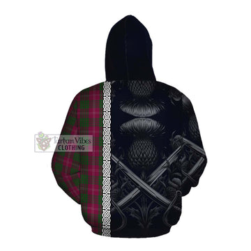 Crawford Tartan Cotton Hoodie with Family Crest Cross Sword Thistle Celtic Vibes