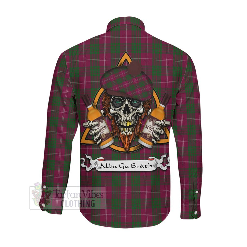 Tartan Vibes Clothing Crawford Tartan Long Sleeve Button Shirt with Family Crest and Bearded Skull Holding Bottles of Whiskey