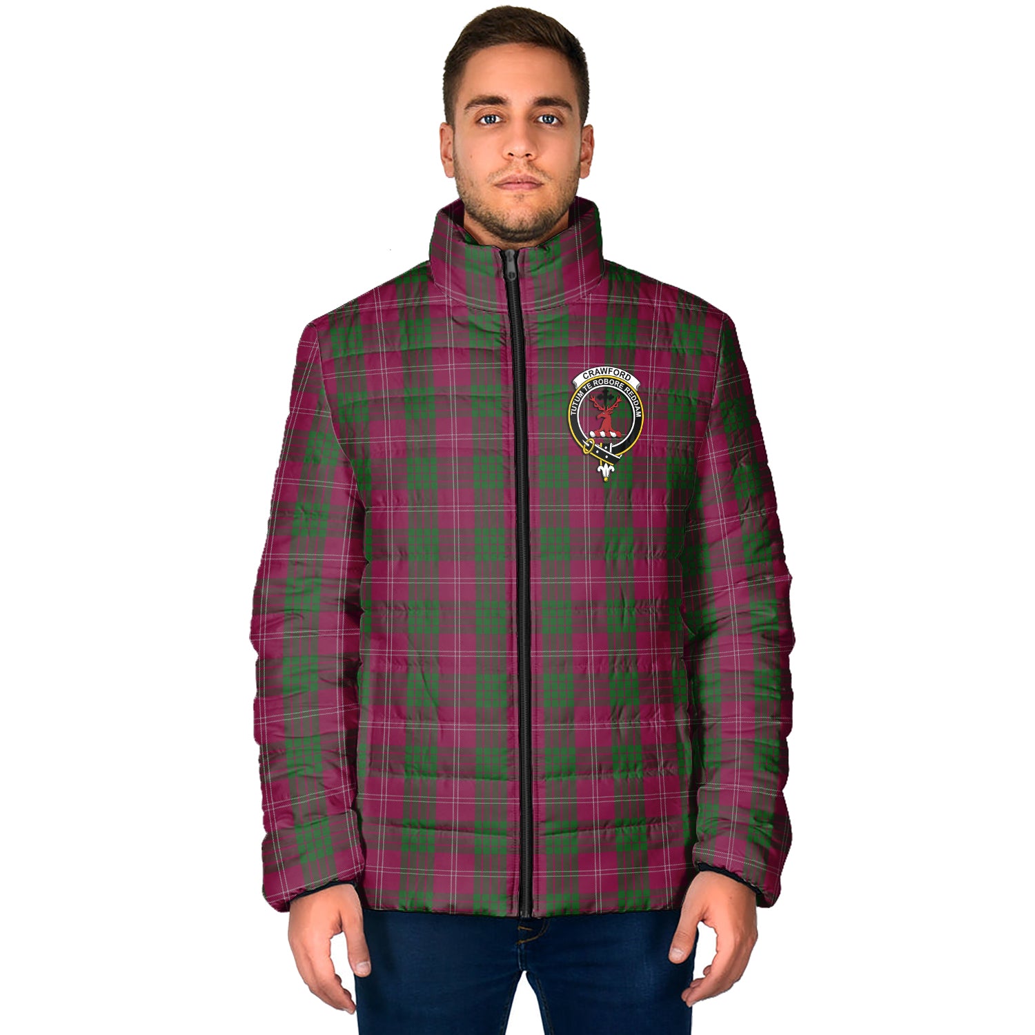 Crawford Tartan Padded Jacket with Family Crest - Tartanvibesclothing