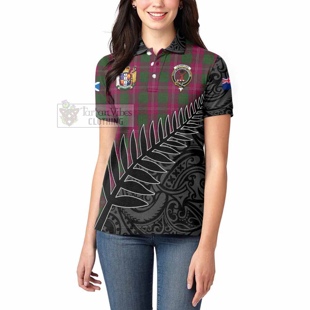 Tartan Vibes Clothing Crawford Crest Tartan Women's Polo Shirt with New Zealand Silver Fern Half Style