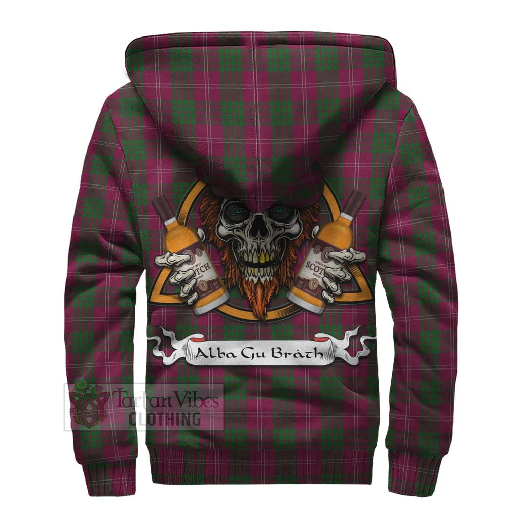 Tartan Vibes Clothing Crawford Tartan Sherpa Hoodie with Family Crest and Bearded Skull Holding Bottles of Whiskey