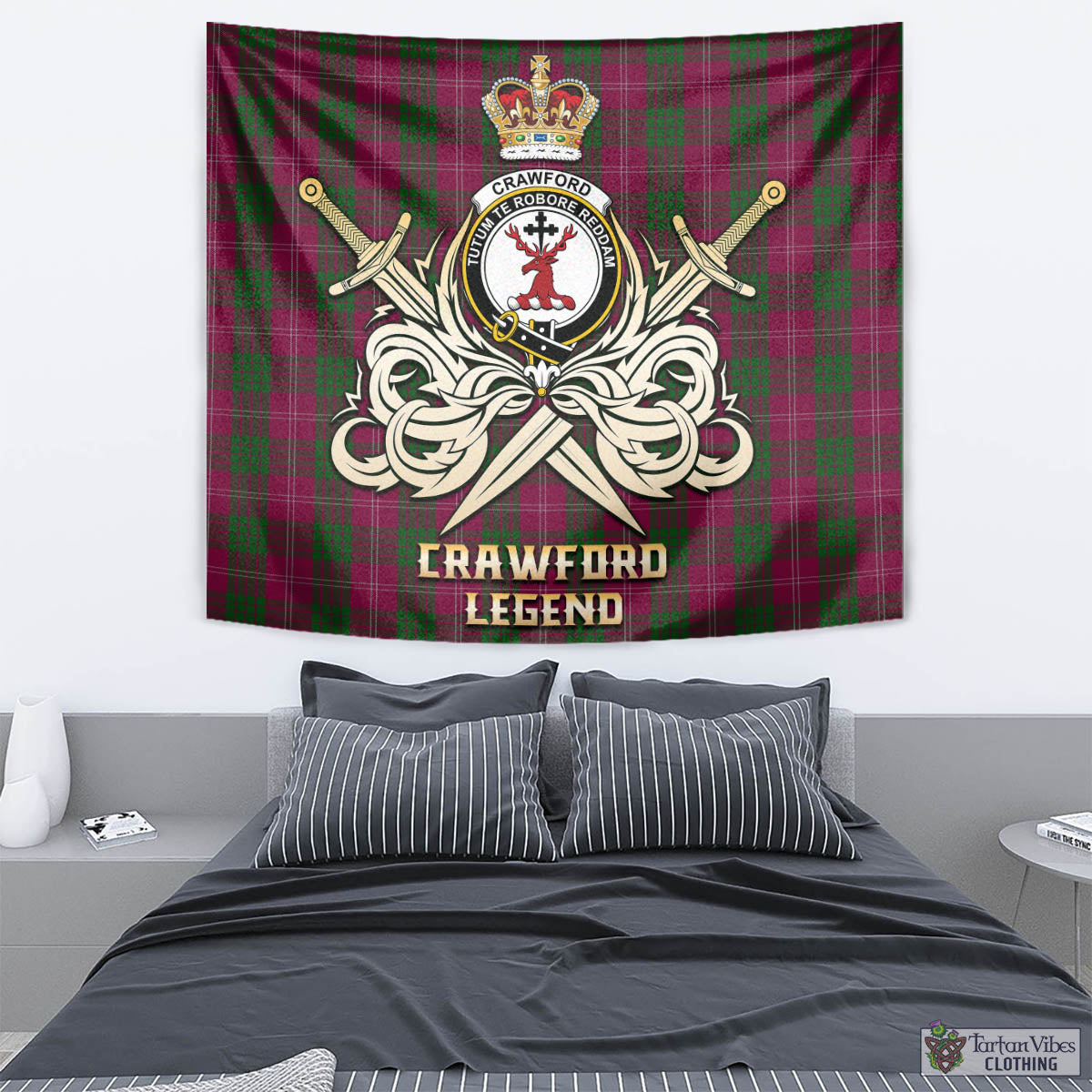 Tartan Vibes Clothing Crawford Tartan Tapestry with Clan Crest and the Golden Sword of Courageous Legacy