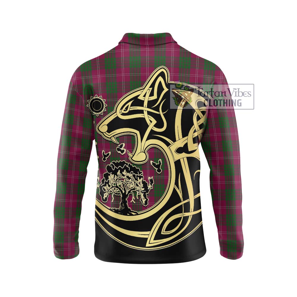 Tartan Vibes Clothing Crawford Tartan Long Sleeve Polo Shirt with Family Crest Celtic Wolf Style