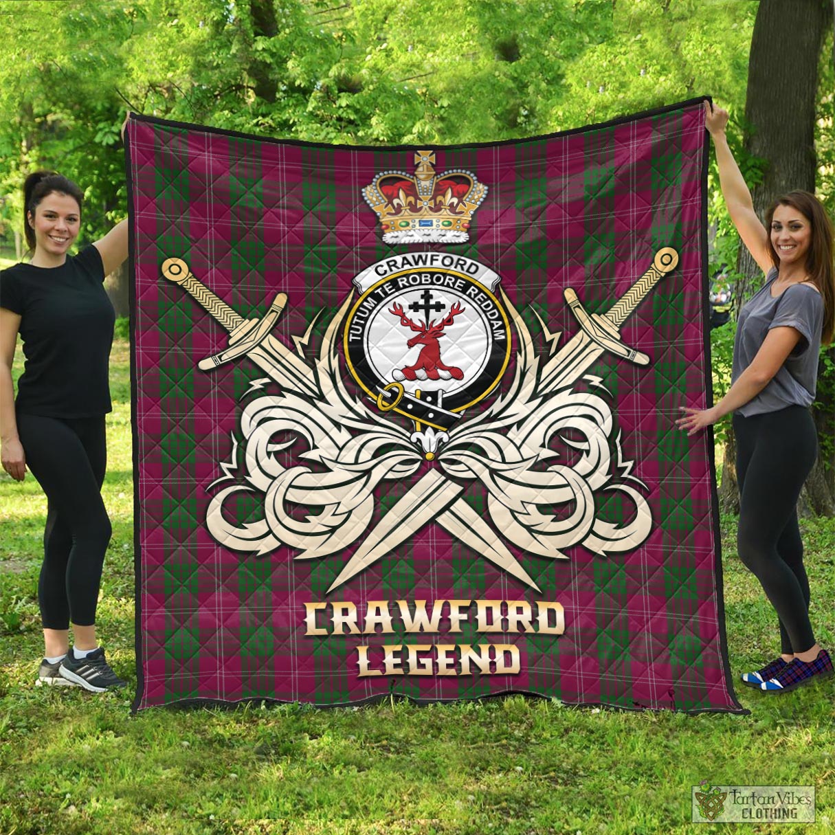 Tartan Vibes Clothing Crawford Tartan Quilt with Clan Crest and the Golden Sword of Courageous Legacy