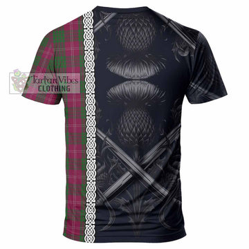 Crawford Tartan T-Shirt with Family Crest Cross Sword Thistle Celtic Vibes