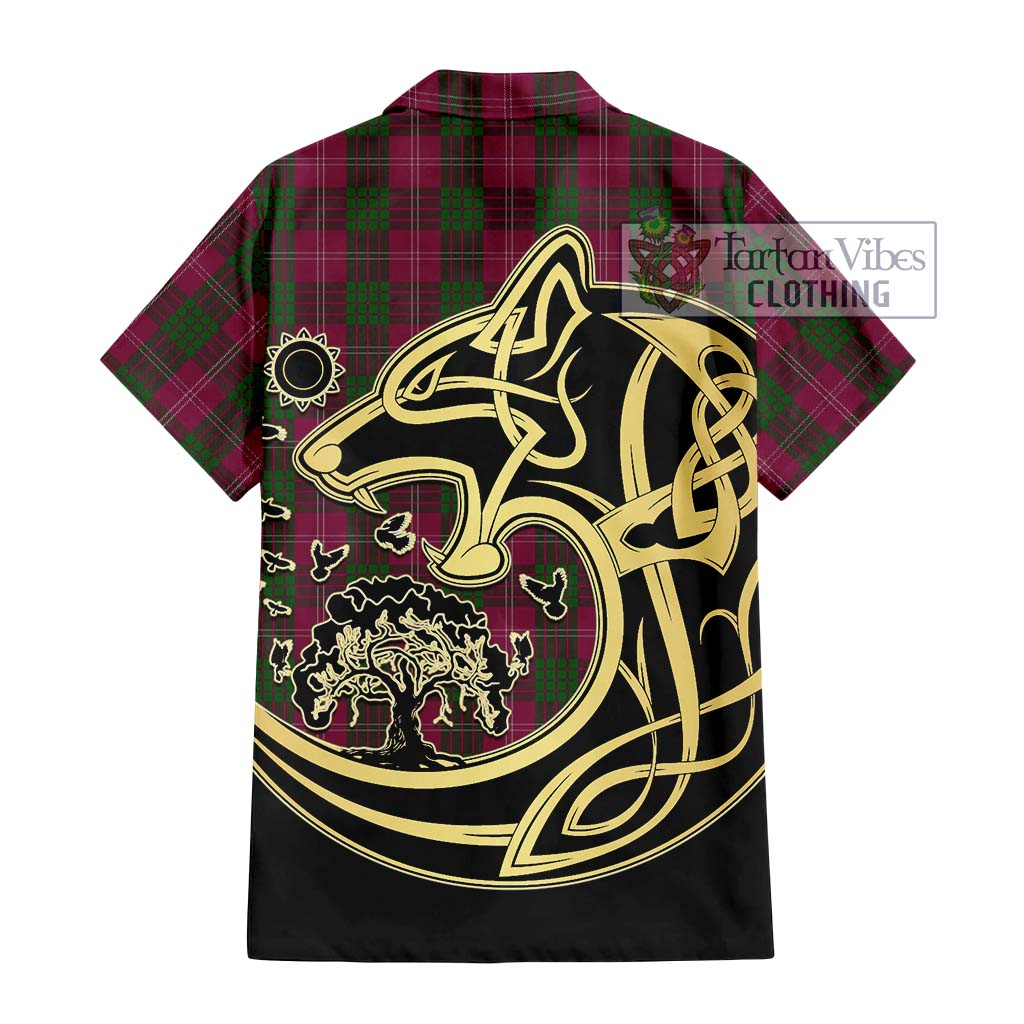 Tartan Vibes Clothing Crawford Tartan Short Sleeve Button Shirt with Family Crest Celtic Wolf Style