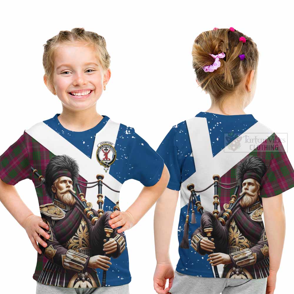 Tartan Vibes Clothing Crawford Tartan Kid T-Shirt with Family Crest Scottish Bagpiper Vibes