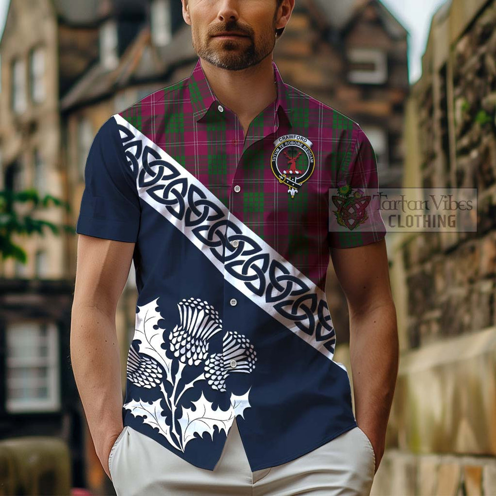 Tartan Vibes Clothing Crawford Tartan Short Sleeve Button Shirt Featuring Thistle and Scotland Map