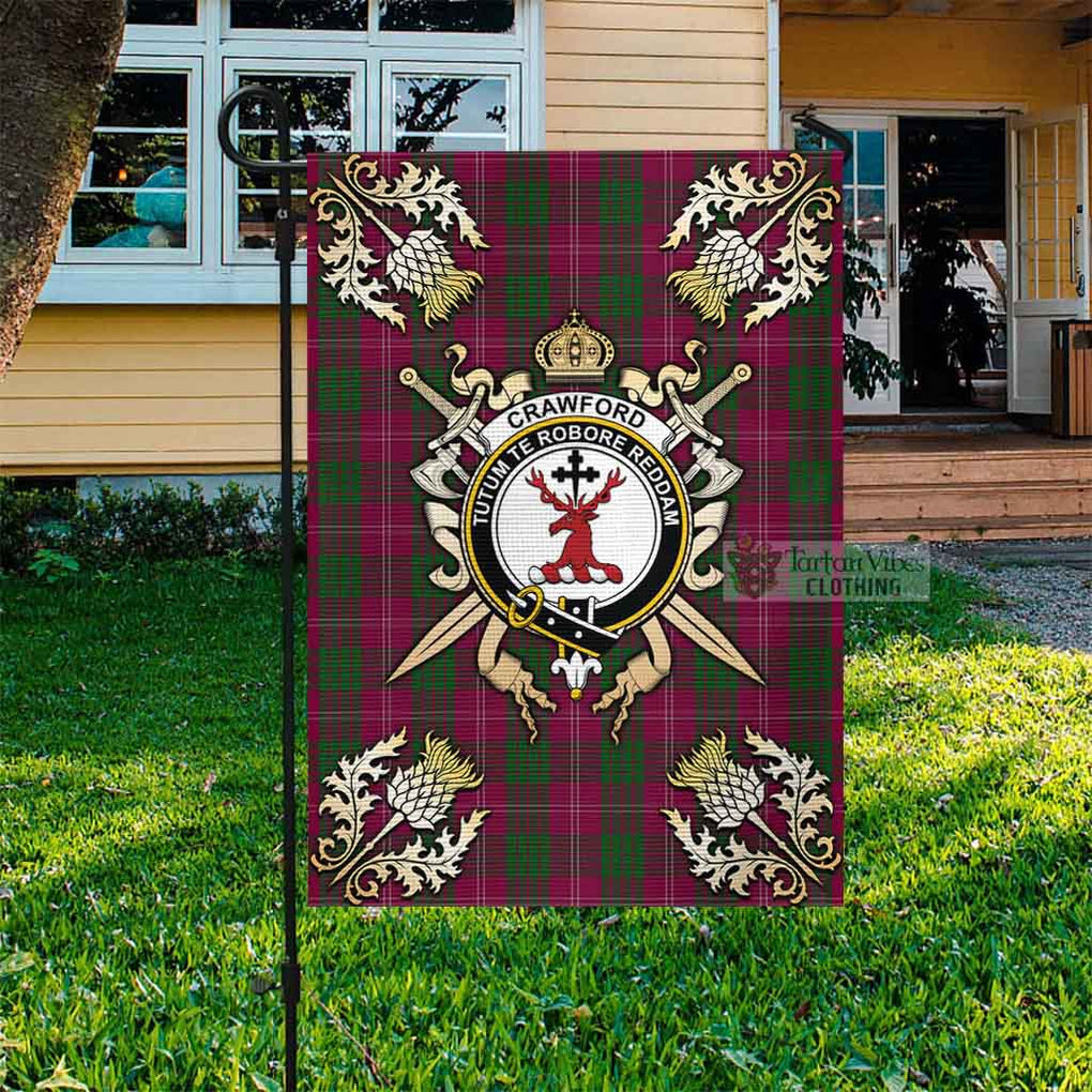 Tartan Vibes Clothing Crawford Tartan Flag with Family Crest and Golden Thistle Crossed Sword Design