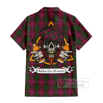 Crawford Tartan Short Sleeve Button Shirt with Family Crest and Bearded Skull Holding Bottles of Whiskey