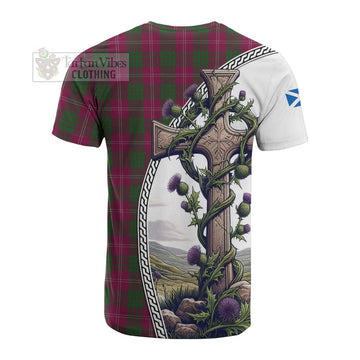 Crawford Tartan Cotton T-shirt with Family Crest and St. Andrew's Cross Accented by Thistle Vines