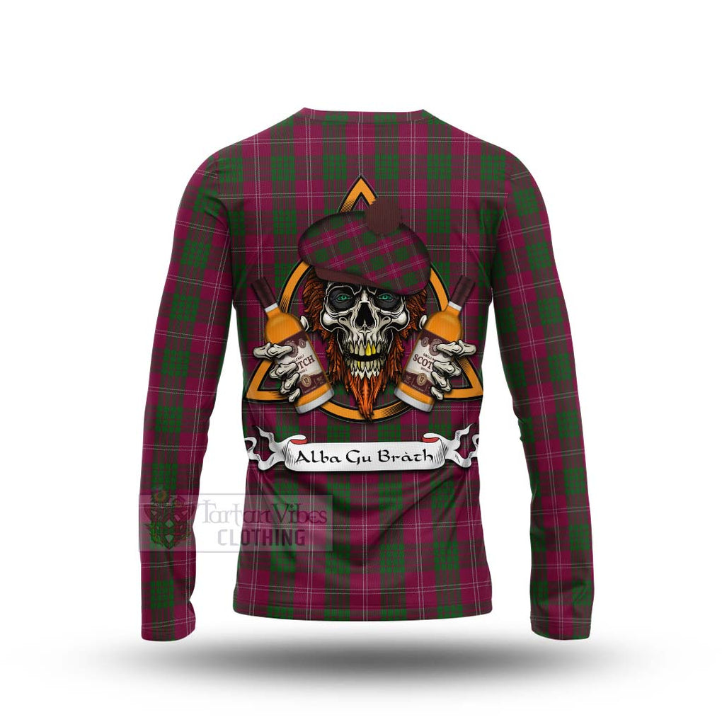 Tartan Vibes Clothing Crawford Tartan Long Sleeve T-Shirt with Family Crest and Bearded Skull Holding Bottles of Whiskey