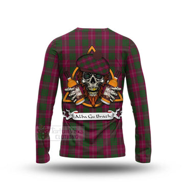 Crawford Tartan Long Sleeve T-Shirt with Family Crest and Bearded Skull Holding Bottles of Whiskey