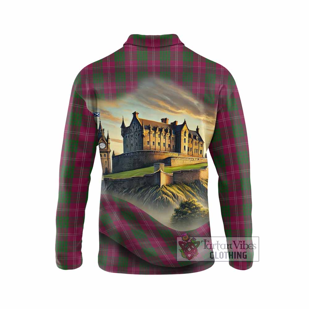 Crawford Tartan Family Crest Long Sleeve Polo Shirt with Scottish Ancient Castle Style - Tartan Vibes Clothing