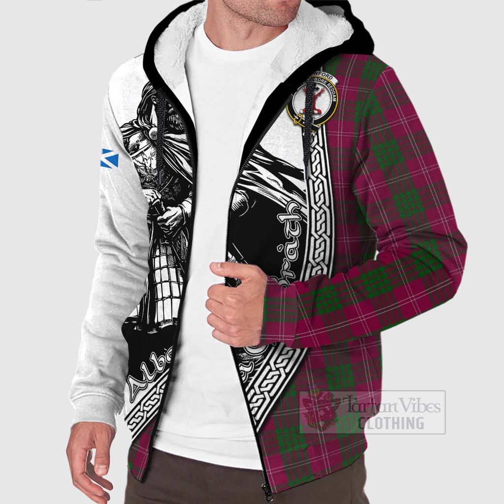 Tartan Vibes Clothing Crawford Tartan Clan Crest Sherpa Hoodie with Highlander Warrior Celtic Style